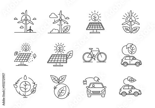 Sustainable Energy Icon Set: A sleek and modern set of icons showcasing a variety of renewable energy sources, including wind turbines, solar panels, electric cars.