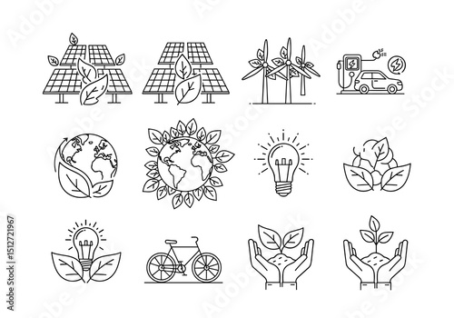 Eco-Friendly Icon Collection: A collection of carefully curated line art icons represents sustainability, renewable energy, and environmental protection.