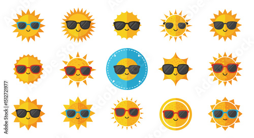 Sunny Disposition: A delightful array of sunny figures, each beaming with a cheerful expression, dons stylish sunglasses, celebrating the summer season in vibrant and whimsical style.
