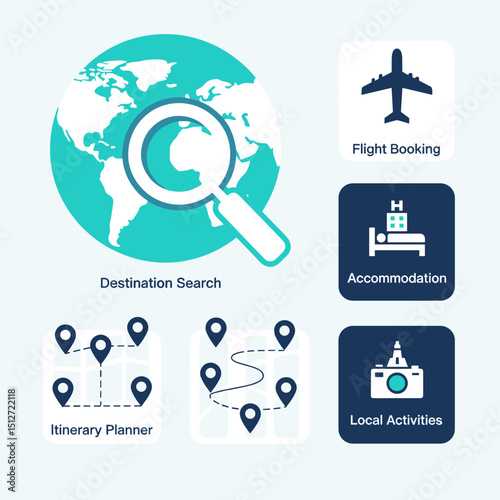 Travel Planning Elements: A curated composition of travel-related icons, from destination search to activity planning, offering a glimpse into seamless trip organization.