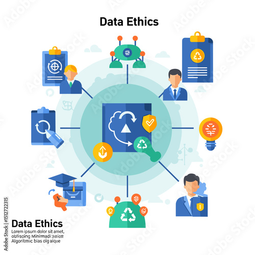 Data Ethics Visualization: An illustrative and clean graphic presenting core elements and principles of data ethics, with icons and conceptual imagery representing responsible data use, privacy.