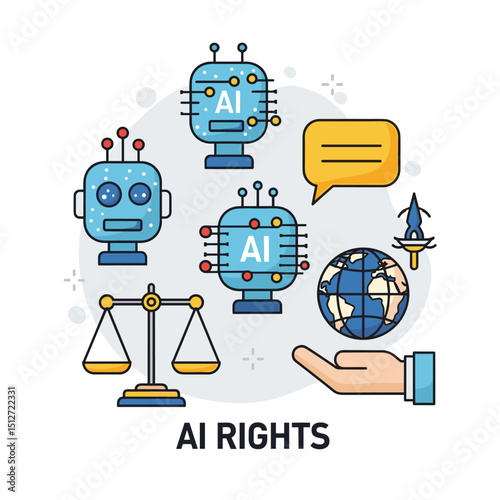 AI Rights Conceptual Illustration: A conceptual illustration captures the essence of artificial intelligence rights.  The image features AI robots, scales of justice.