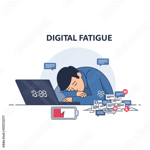 Digital Exhaustion: A visual depiction of digital fatigue shows a person overwhelmed and worn down by technology. They're slumped over their laptop.