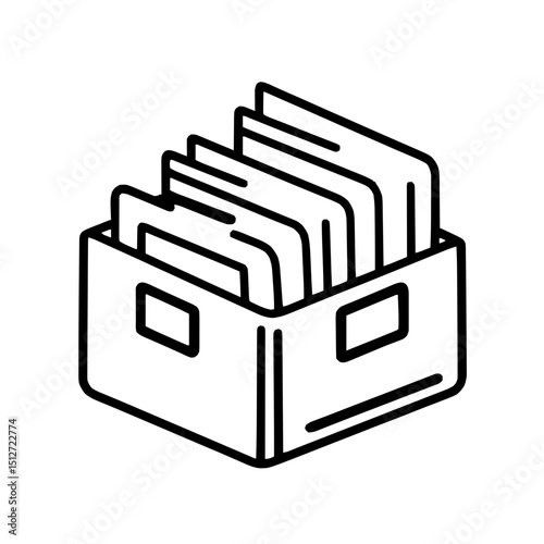 Minimal line art icon of an archive box with documents, representing file storage or organization