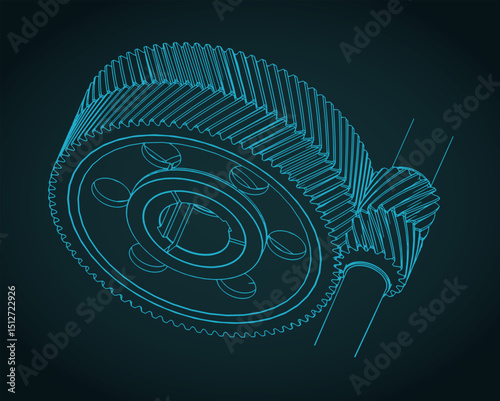 Chevron gear transmission isometric drawing close-up