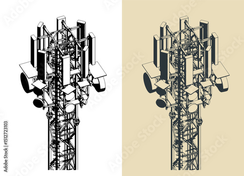 High telecommunications tower close up illustrations
