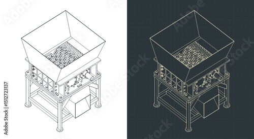 Industrial plastic shredder isometric blueprints