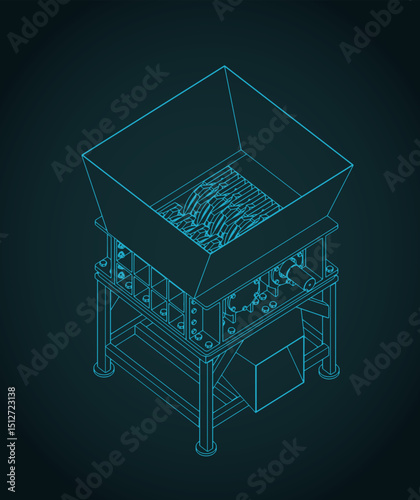 Industrial plastic shredder isometric blueprint