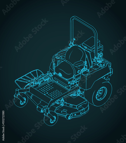 Riding zero-turn mower isometric blueprint illustration