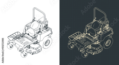 Riding zero-turn mower isometric blueprints illustrations