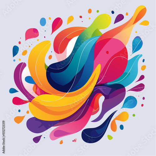 A lively abstract composition of liquid splashes and organic shapes in vibrant color.