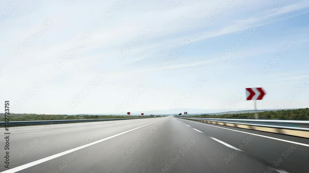 Straight, empty highway on clear day with directional signs