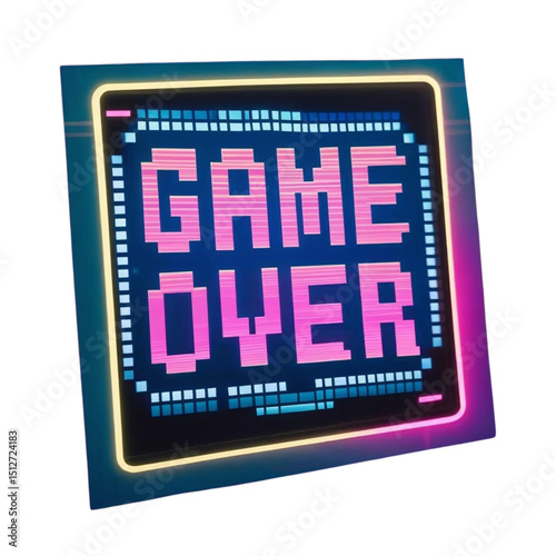 Game over pixel art screen for retro gaming and esports tournament with neon border and pixelated text effect