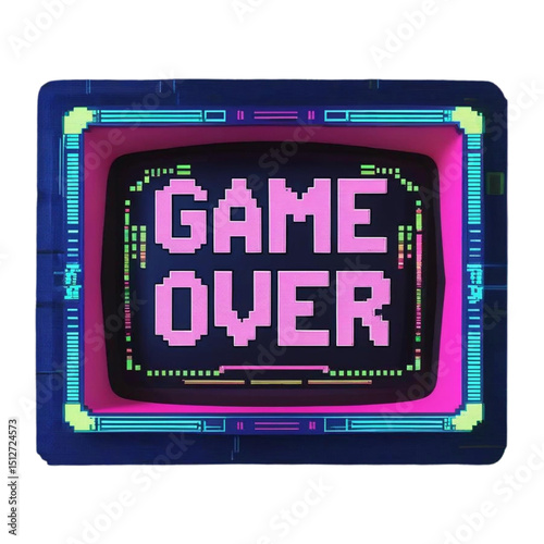 Retro game over screen illustration pixel art style vintage gaming console arcade design for gamers and nostalgia