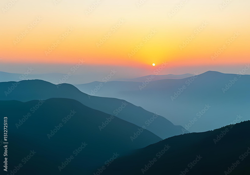 Fototapeta premium A serene mountain landscape at sunrise, with soft golden light illuminating misty peaks and a tranquil forest valley below. Vibrant yet soothing color palette of blues, greens, and warm orange tones. 