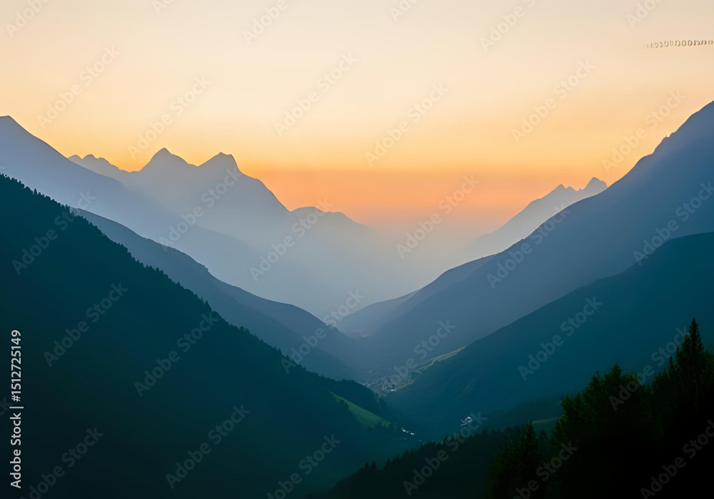 Obraz premium A serene mountain landscape at sunrise, with soft golden light illuminating misty peaks and a tranquil forest valley below. Vibrant yet soothing color palette of blues, greens, and warm orange tones. 