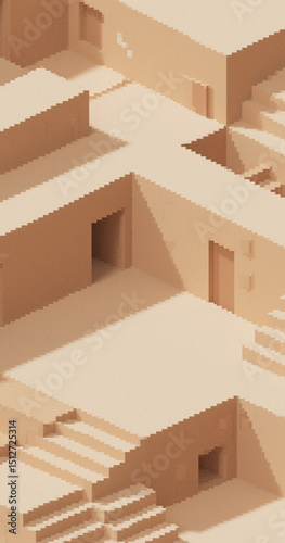 Abstract beige geometric architecture with stairs and doors design