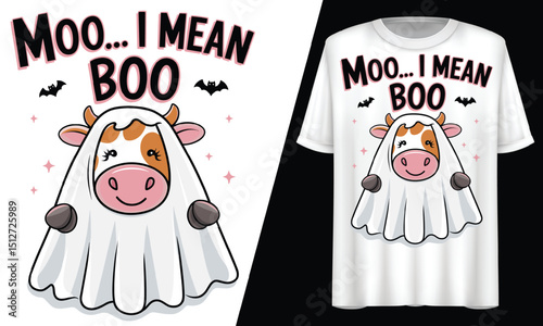 Halloween Cow Ghost, Boo Costume, T-Shirt Design.