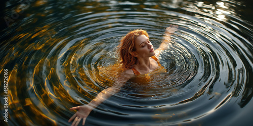 Redhead woman wearing orange swimsuit floats with arms outstretched and eyes closed in dark lake water with concentric ripples, enjoying midnight sun in Sweden during midsummer.