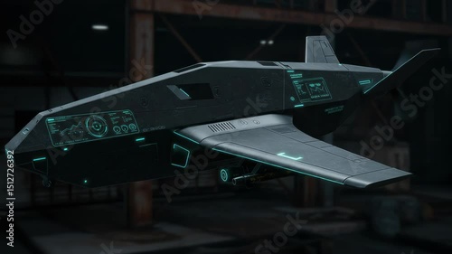Futuristic dark gray aircraft hovering