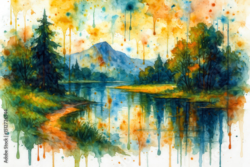 Colorful abstract watercolor landscape painting showing mountain forest river reflections and autumn trees with dripping splashes