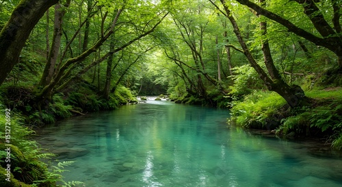 Clear turquoise river flows through lush green forest, creating a peaceful and refreshing natural landscape