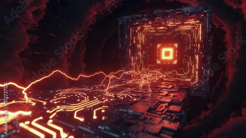 Glowing futuristic circuit tunnel