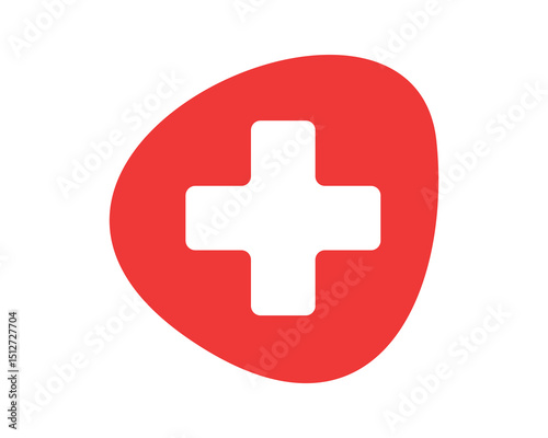 Bold graphic of a red cross inside an organic shape, symbolizing health, care, and aid. Use for medical, charity, or emergency service themes in designs.