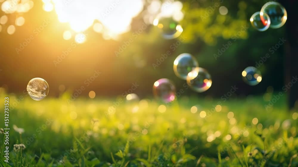 Soap bubbles floating in the air over a green grass field with sun rays shining in the background in slow motion. Soap bubbles floating in the air over a green grass field with sun rays shining in the background in slow motion.