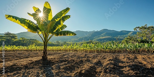 Banana plantation with sunburst through leaves and mountain backdrop