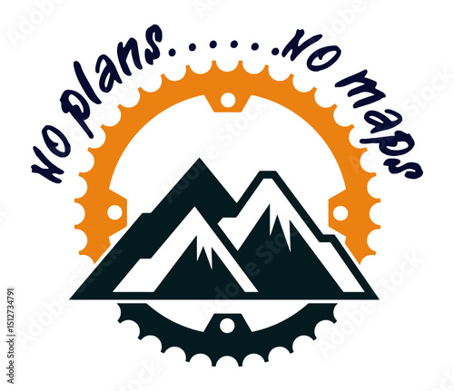No Plans No Maps Adventure Logo with Mountain Peaks and Bike Gear Chainring Design