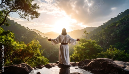 Jesus overlooking a verdant valley at sunrise