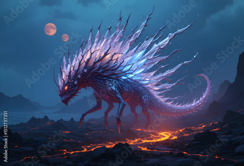 A surreal creature of glowing crystals and metallic feathers floating above an emerald lava sea under a triple-moon sky.