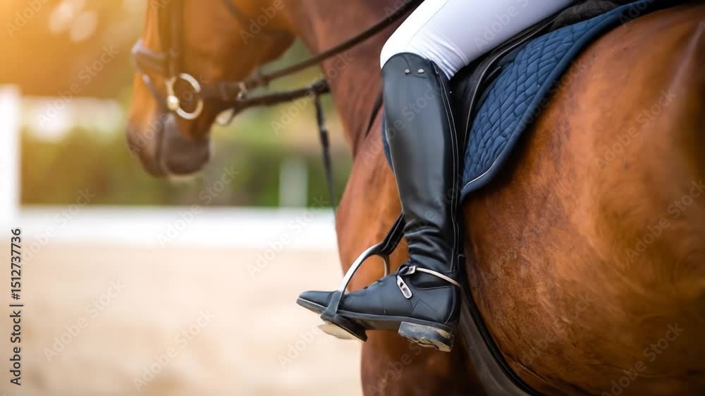 Equestrian Elegance: Close-up of Horse Rider's Leg with Classic Riding Boot and Horse Detail
