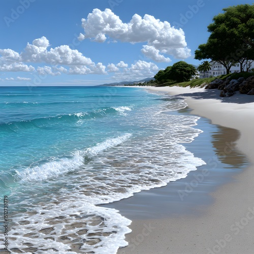 Sunny beach scene with turquoise water and white sand