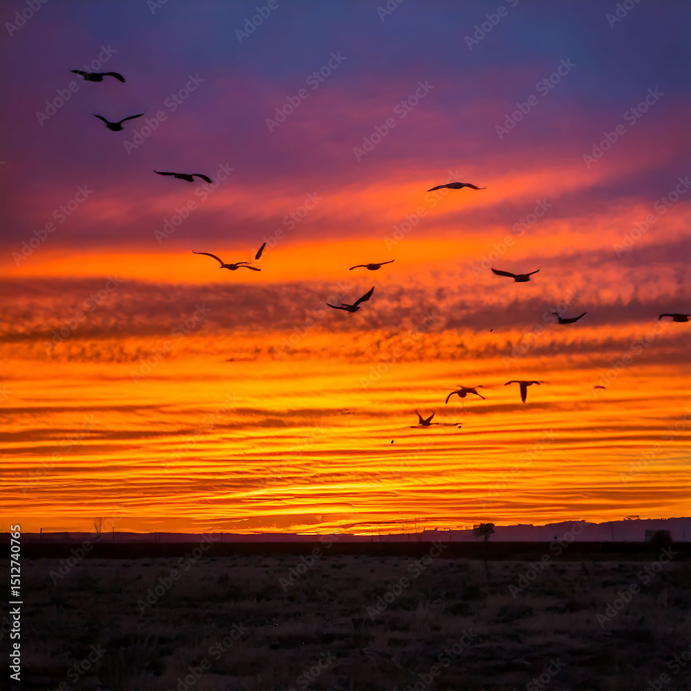 Fototapeta premium Stunning sunset with birds silhouetted against vibrant orange and purple sky. Evokes freedom, journey, and the beauty of nature. Perfect for travel, or motivational content.