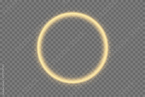Golden neon banner with sparks isolated on transparent background. Frame design. Glowing sparkling ring frame. Light effect. 