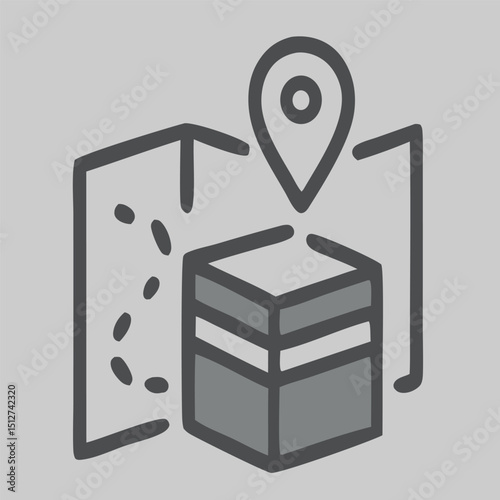 Icon vector of Kaaba with location pin, representing sacred place in Mecca for Muslim pilgrims during Hajj season and Islamic religious journey.