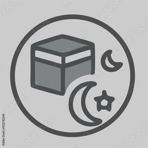 Icon vector of Zamzam water with cup and moon, symbolic of sacred refreshment and blessings during the Hajj pilgrimage in Mecca by Muslim devotees.