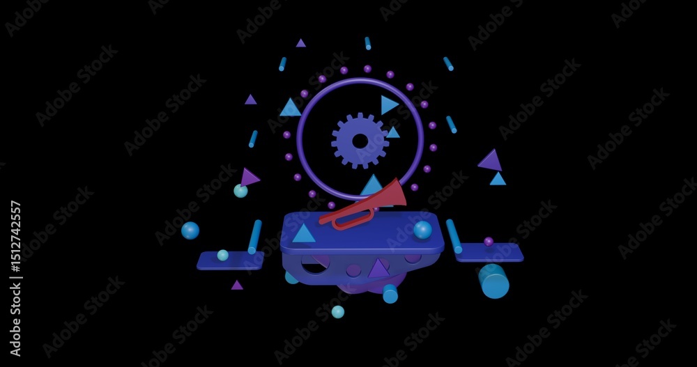 Fototapeta premium Red trumpet symbol on a pedestal of abstract geometric shapes floating in the air. Abstract concept art with flying shapes in the center. 3d illustration on black background