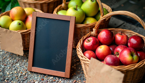 Fresh apples in woven baskets with blank sign on a rustic table  