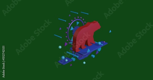 Red bear icon on a pedestal of abstract geometric shapes floating in the air. Abstract concept art with flying shapes in the center. 3d illustration on green background