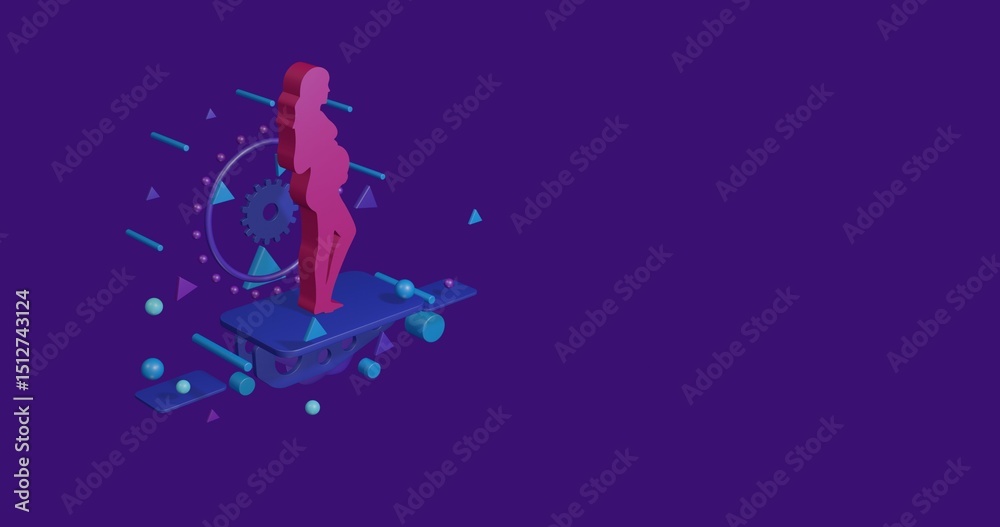 Naklejka premium Pink pregnant woman symbol on a pedestal of abstract geometric shapes floating in the air. Abstract concept art with flying shapes on the left. 3d illustration on deep purple background