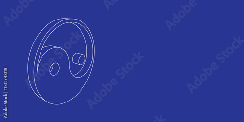 The outline of a large yin yang symbol made of white lines on the left. 3D view of the object in perspective. Vector illustration on indigo background