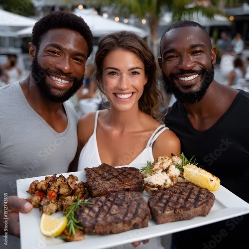 Three friends share a platter of grilled meats
