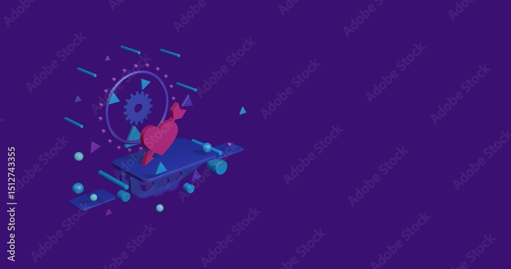 Naklejka premium Pink cupid arrow symbol on a pedestal of abstract geometric shapes floating in the air. Abstract concept art with flying shapes on the left. 3d illustration on deep purple background