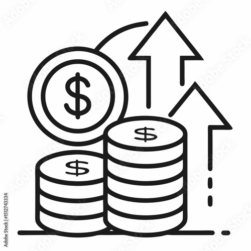 Growing stacks of coins and rising dollar sign arrows