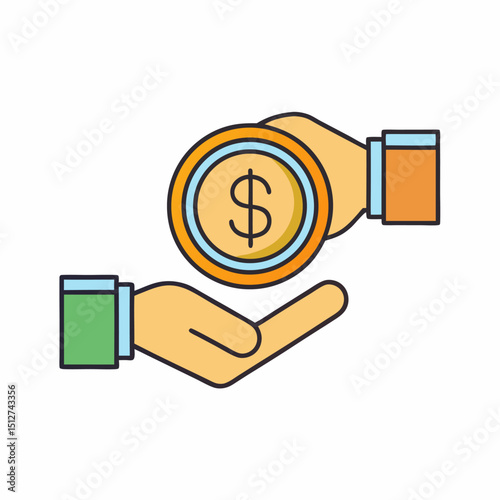 Hand giving dollar coin to another hand financial transaction