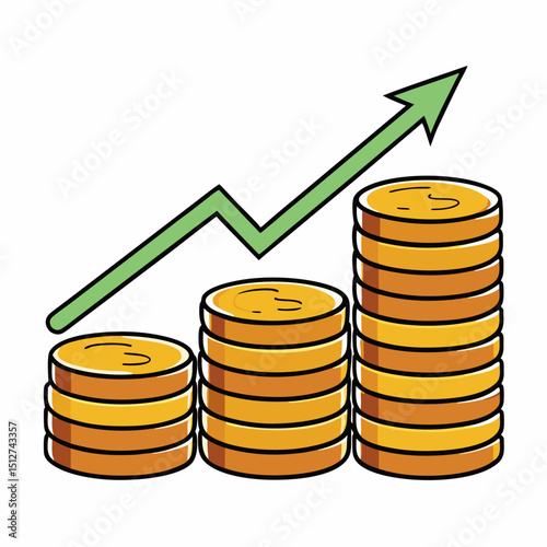 Growing stacks of gold coins upward trending arrow