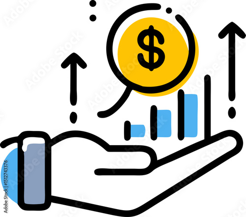 Hand holding growing dollar coin and upward graph